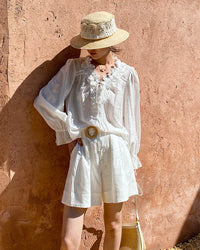 V-Neck Lace-Trimmed Puff-Sleeve Blouse