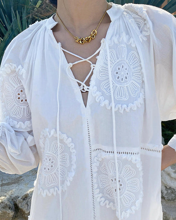 Pure Cotton Embroidered V-Neck A-Line Dress