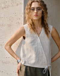 Linen V-Neck Sleeveless Tie-Front Vest