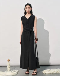 V-Neck Sleeveless Tie-Up Slit Dress