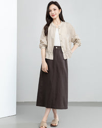 Retro Linen-Blend Straight Skirt