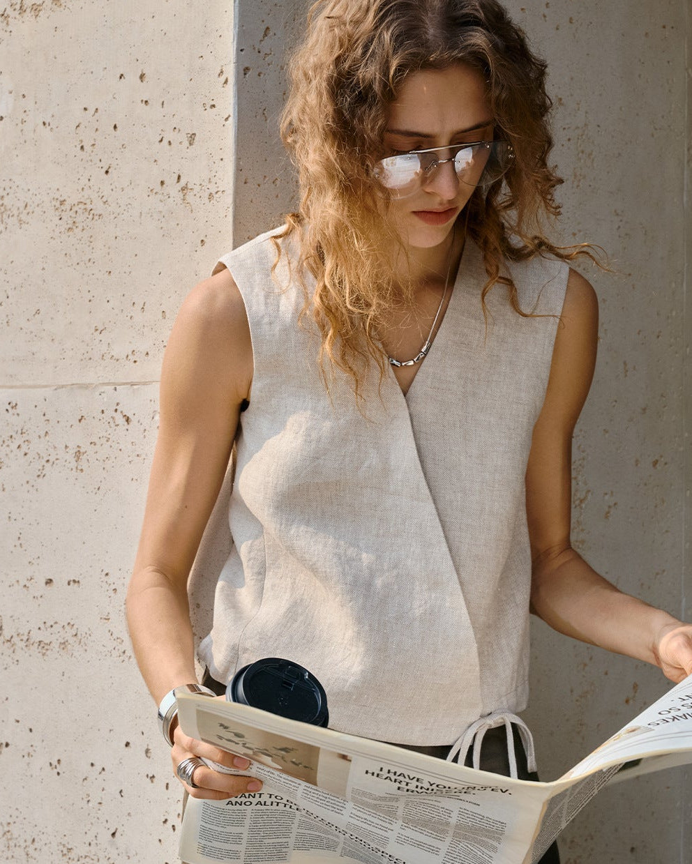 Linen V-Neck Sleeveless Tie-Front Vest