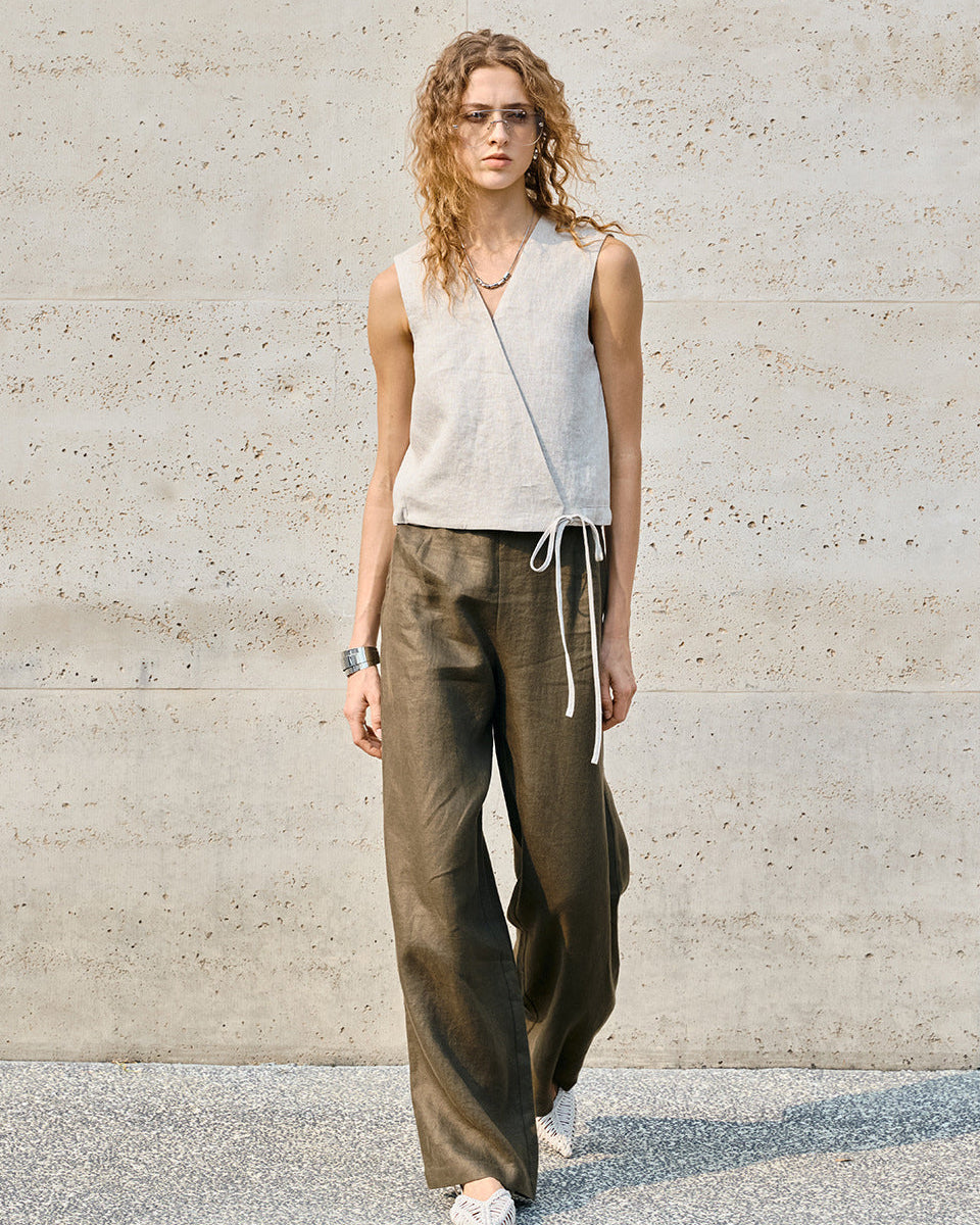 Linen V-Neck Sleeveless Tie-Front Vest