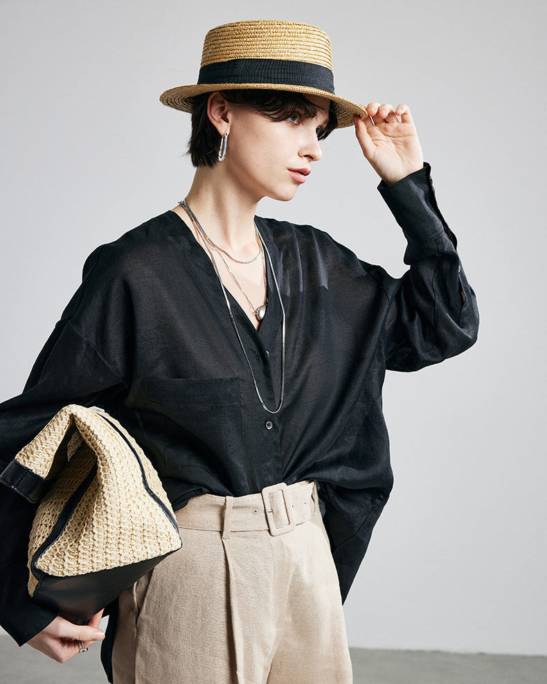 Loose-Fit Long-Sleeve V-Neck Linen Shirt