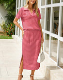 Collared Short-Sleeved Slit Skirt Two-Piece Set