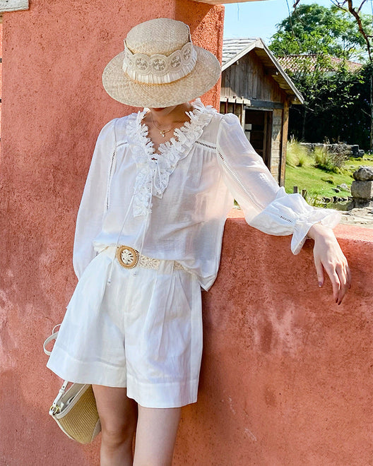V-Neck Lace-Trimmed Puff-Sleeve Blouse