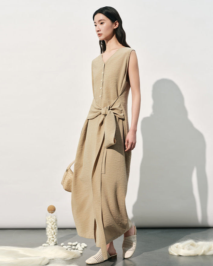 V-Neck Sleeveless Tie-Up Slit Dress