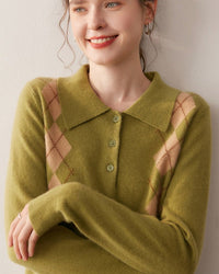 Cashmere Polo Collar Diamond Pattern Sweater