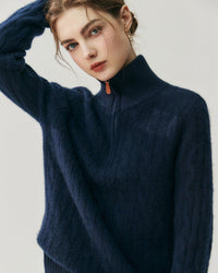 Cashmere Half-Zip Cable Knit Loose Sweater