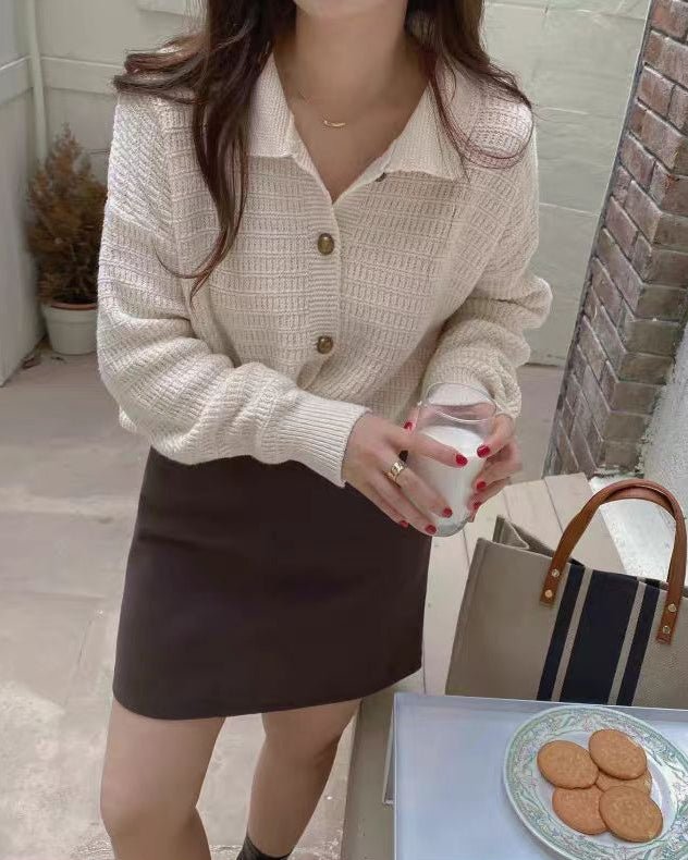 Wool Cardigan Polo Collar Sweater