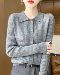 Wool Cardigan Polo Collar Knit Sweater