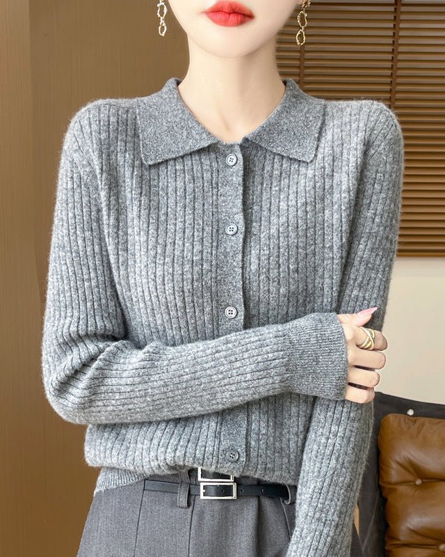 Wool Cardigan Polo Collar Knit Sweater