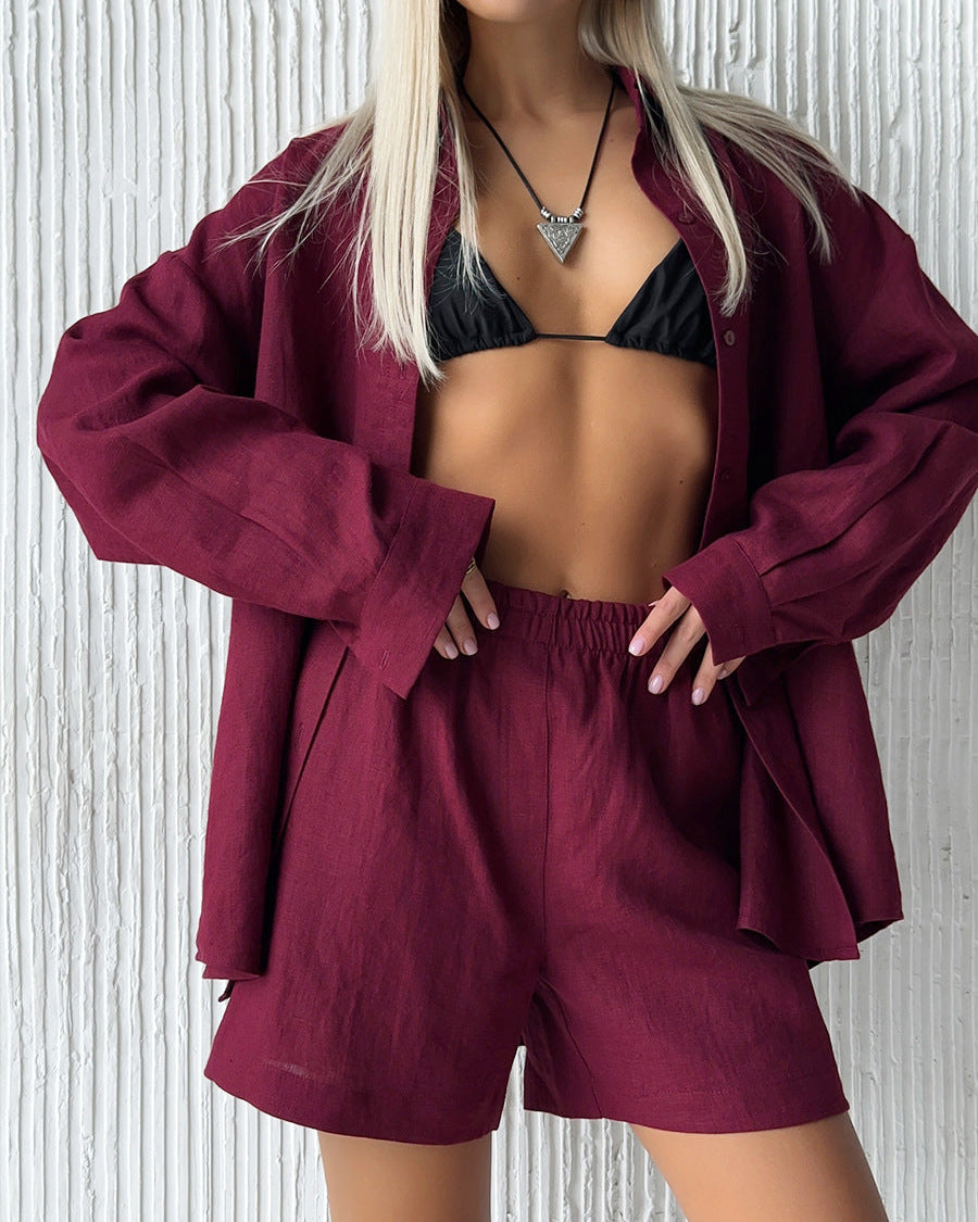 Simple Solid Color Cotton Casual Suit