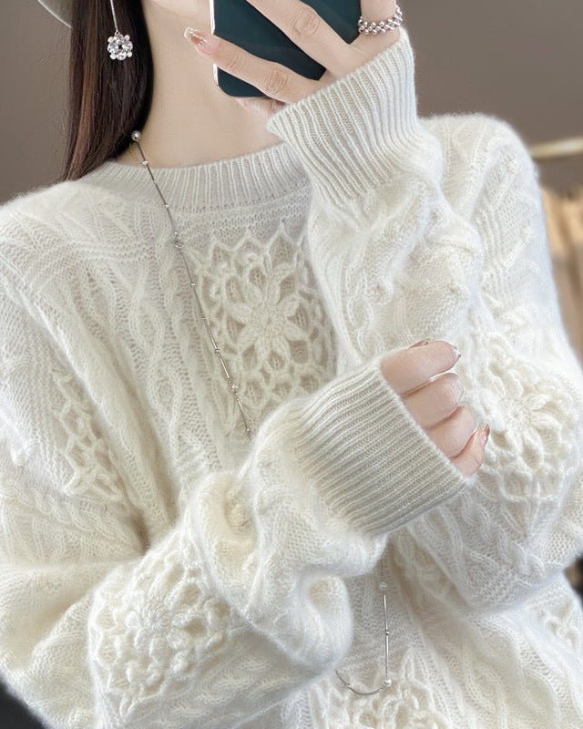 Wool Crew Neck Openwork Loose Slimming Sweater