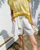Cotton And Linen Embroidered Belt Shorts