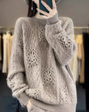 Wool Crew Neck Openwork Loose Slimming Sweater