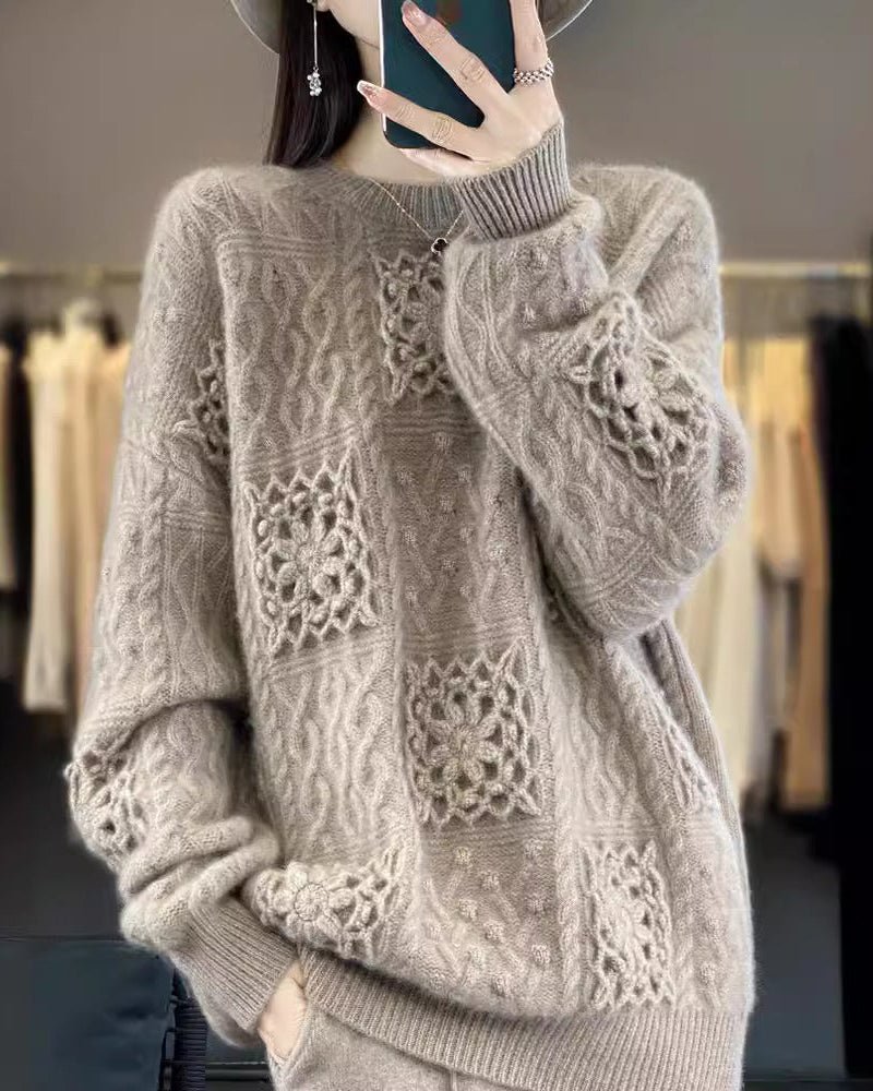 Wool Crew Neck Openwork Loose Slimming Sweater