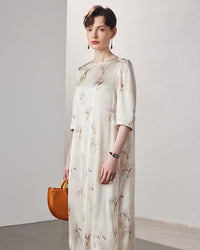  Spring and Summer new Chinese style long dress featuring a traditional national print on luxurious mulberry silk satin with a straight loose fit.
