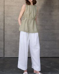Mid-Length Crew Neck Linen Vest