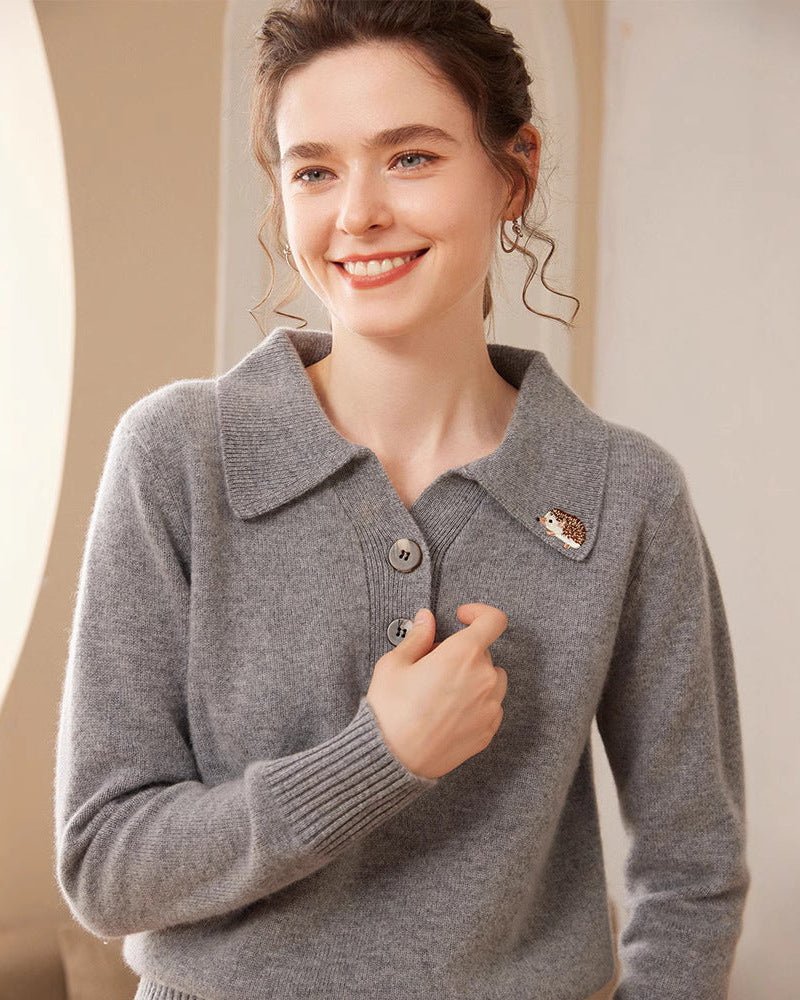 Cashmere Polo Collar Hedgehog Knit Sweater