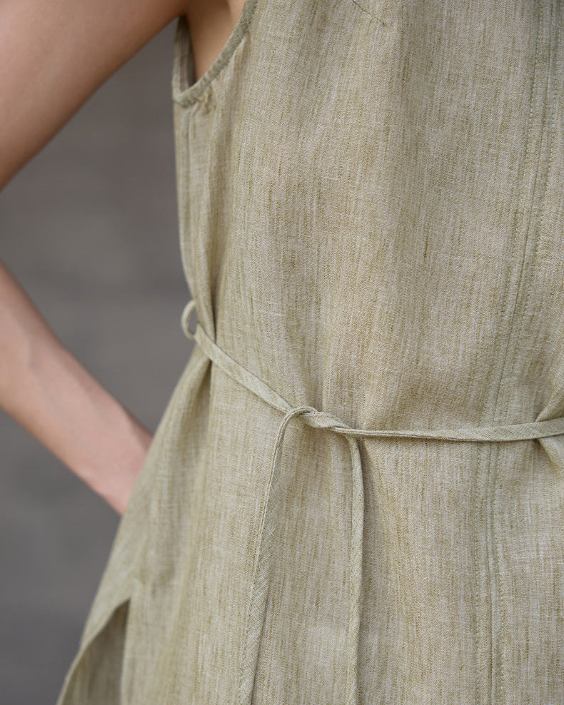 Mid-Length Crew Neck Linen Vest