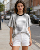 Blue and white loose fit striped crew neck t shirt for women, crafted from soft and breathable cotton blend, perfect for spring and summer casual wear.