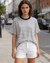 Blue and white loose fit striped crew neck t shirt for women, crafted from soft and breathable cotton blend, perfect for spring and summer casual wear.