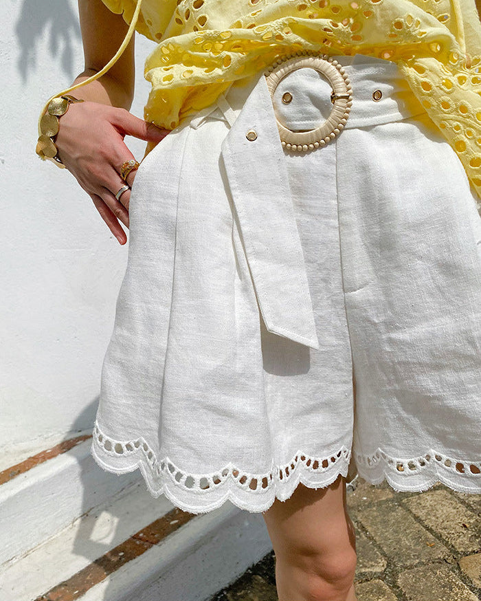 Cotton And Linen Embroidered Belt Shorts