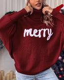High-Neck Batwing Sleeve Christmas Knit Sweater