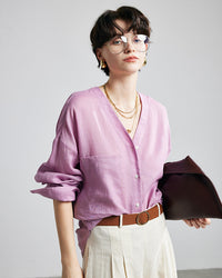 Loose-Fit Long-Sleeve V-Neck Linen Shirt