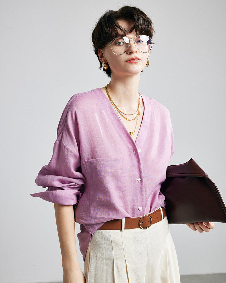 Loose-Fit Long-Sleeve V-Neck Linen Shirt