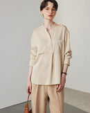 Loose-Fit Long-Sleeve Silk Shirt With Stand Collar