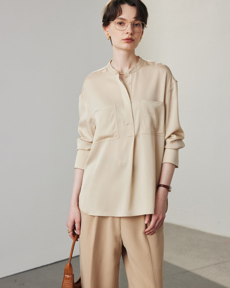 Loose-Fit Long-Sleeve Silk Shirt With Stand Collar