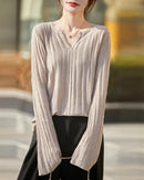 Ribbed V-Neck Bell Sleeve Knit Top