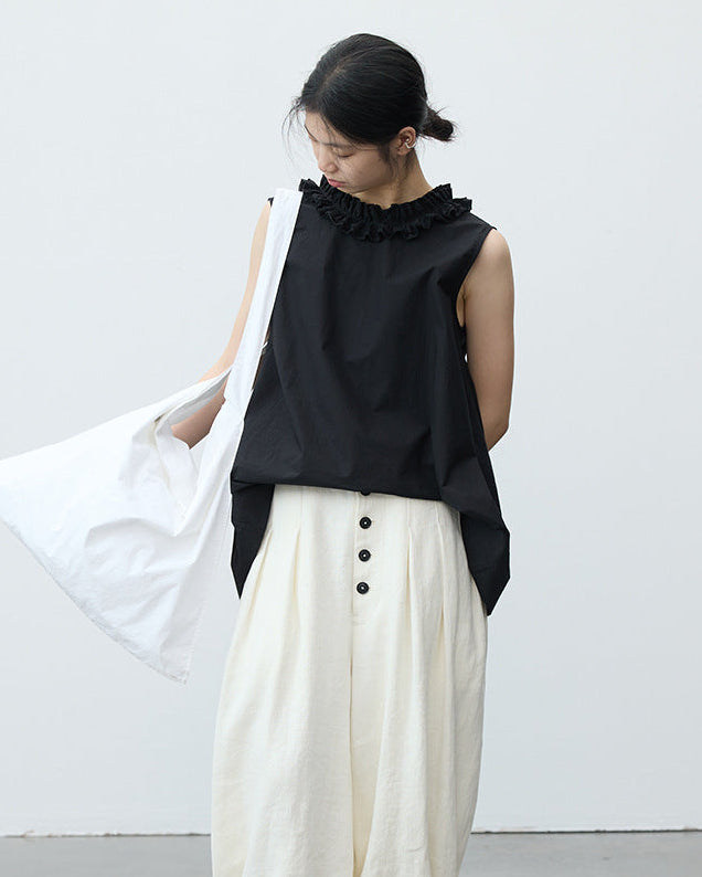 Ruffled V-Neck Button-Down Shirt
