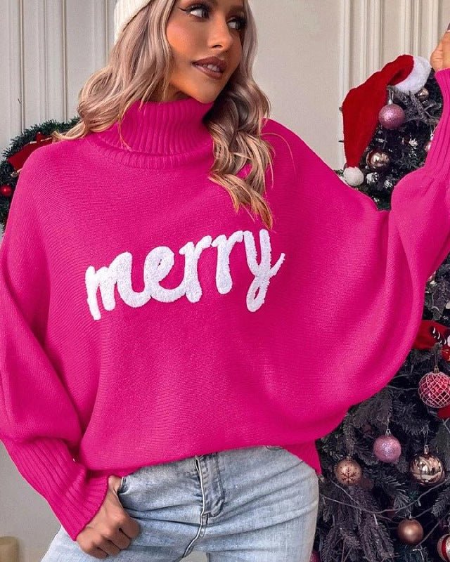 High-Neck Batwing Sleeve Christmas Knit Sweater