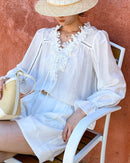 V-Neck Lace-Trimmed Puff-Sleeve Blouse