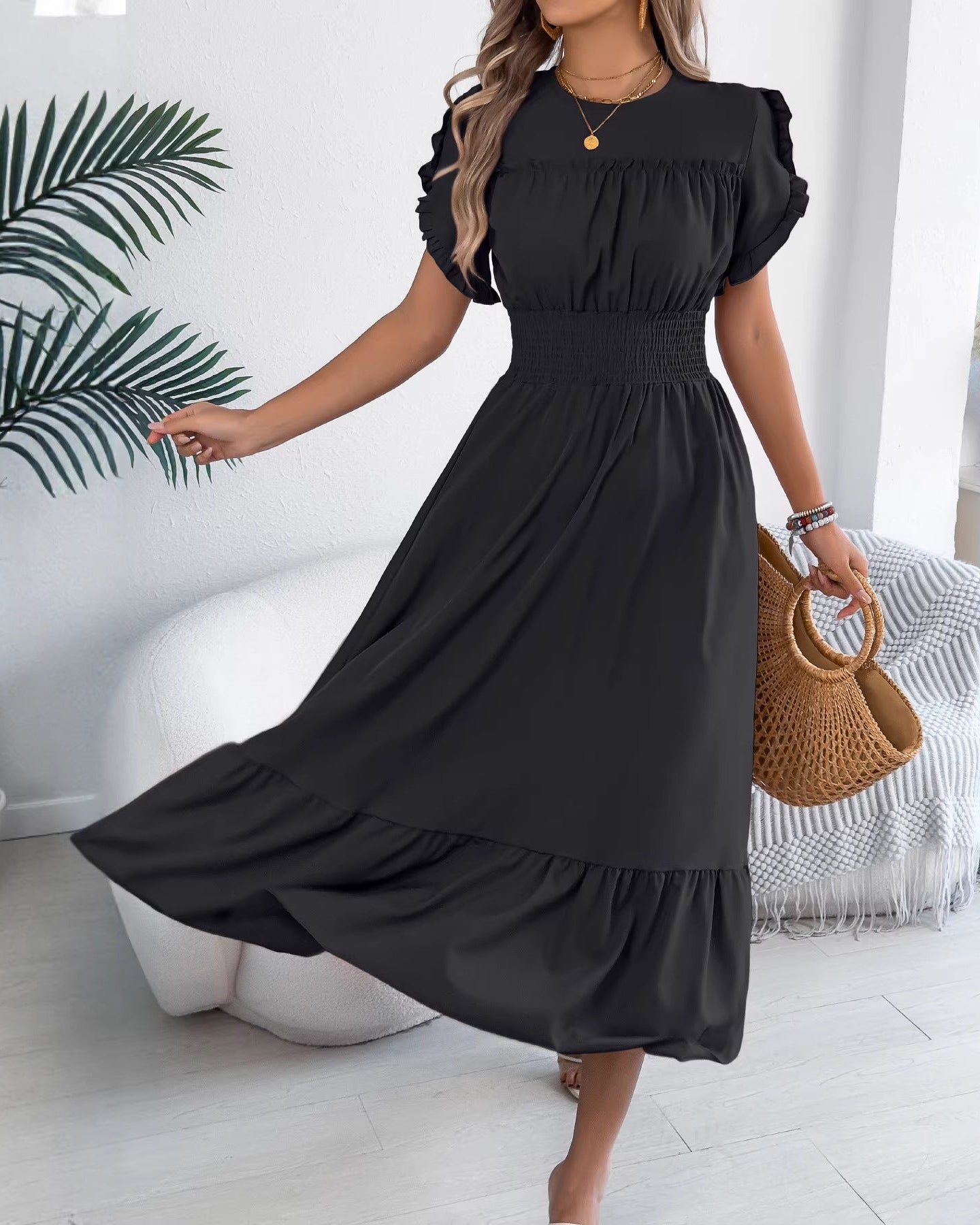 Casual Short-Sleeved Slim-Fit Long Dress