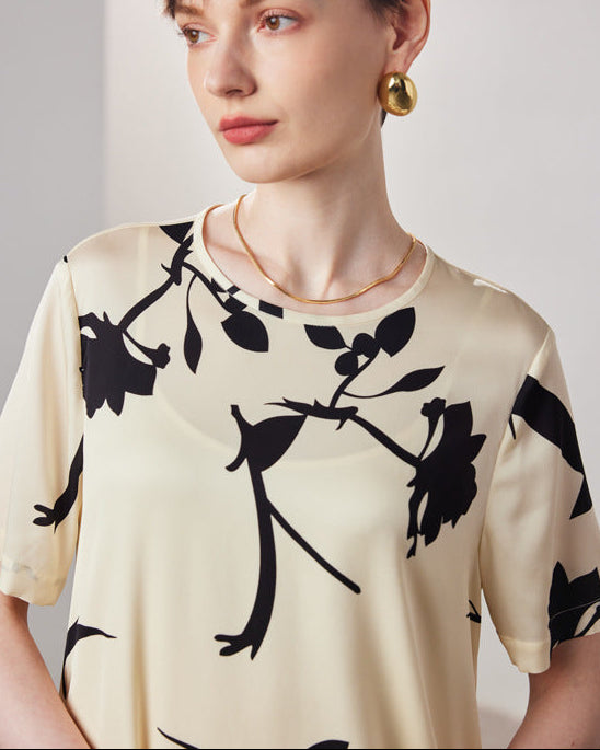 Loose-Fit Straight-Cut Short-Sleeve Silk Dress