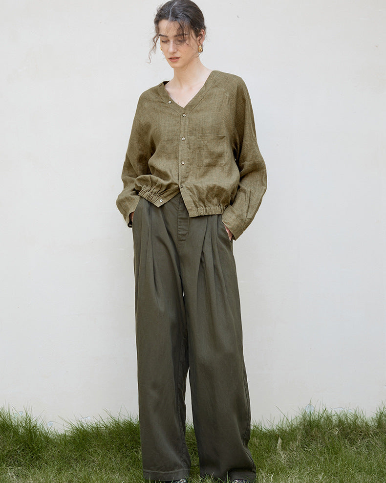 Linen V-Neck Long-Sleeved Shirt