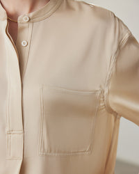 Loose-Fit Long-Sleeve Silk Shirt With Stand Collar
