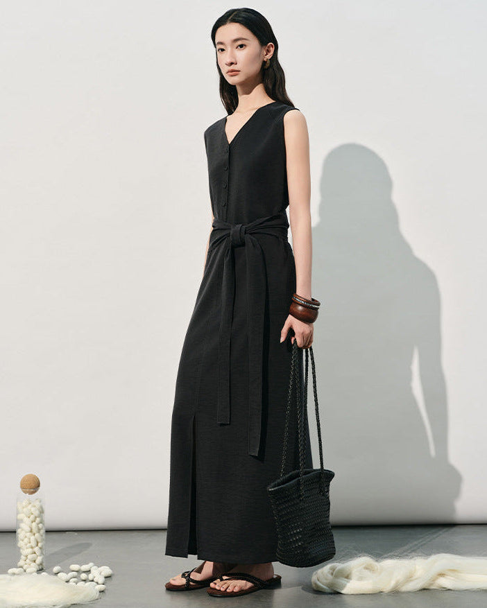 V-Neck Sleeveless Tie-Up Slit Dress
