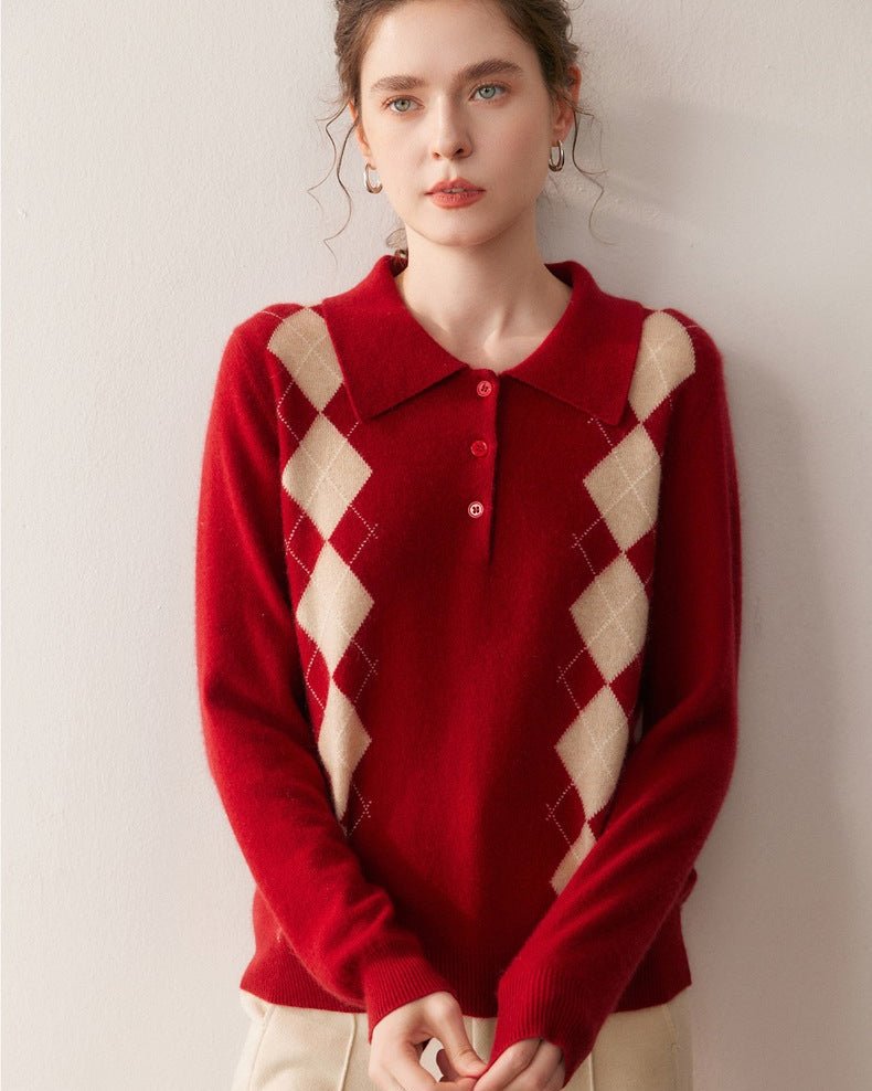 Cashmere Polo Collar Diamond Pattern Sweater