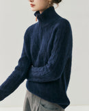 Cashmere Half-Zip Cable Knit Loose Sweater