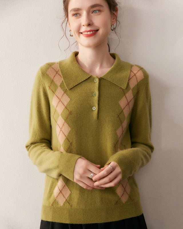 Cashmere Polo Collar Diamond Pattern Sweater