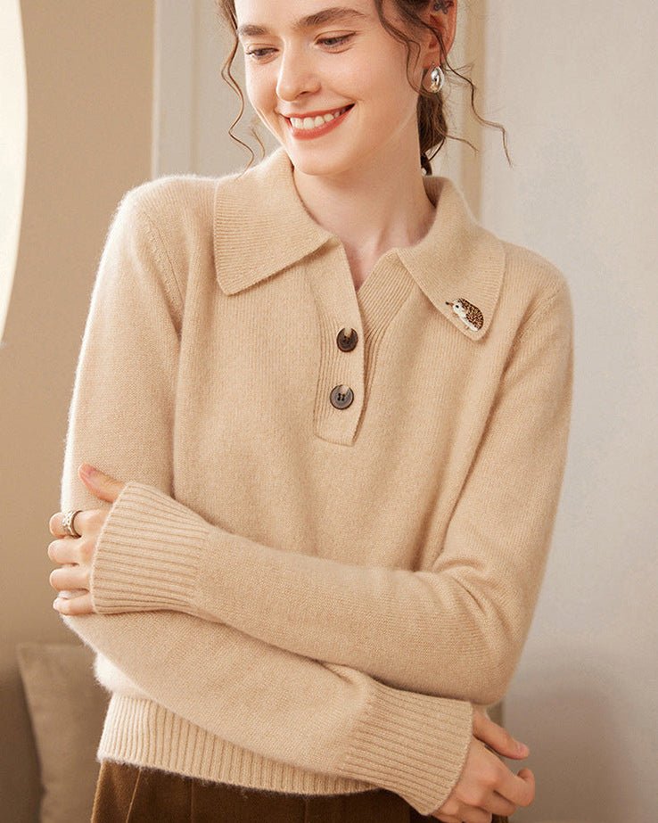 Cashmere Polo Collar Hedgehog Knit Sweater