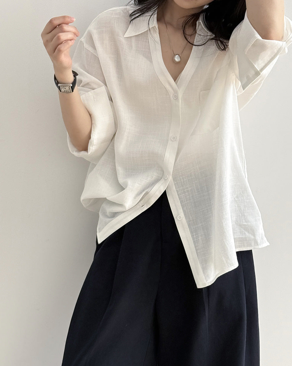 Loose-Fit V-Neck Button-Down Shirt