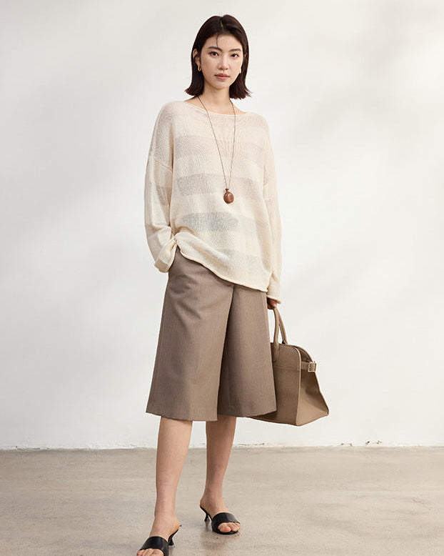 Loose-Fitting Striped Slightly Sheer Knit T-Shirt