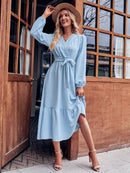 V-Neck Long Sleeve Tied Waist Dress