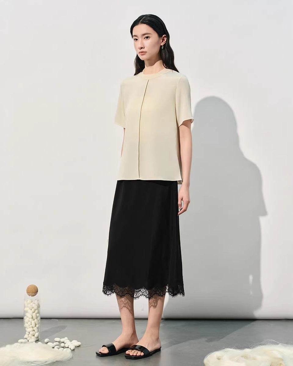 Crew Neck Loose-Fit Pleated T-Shirt